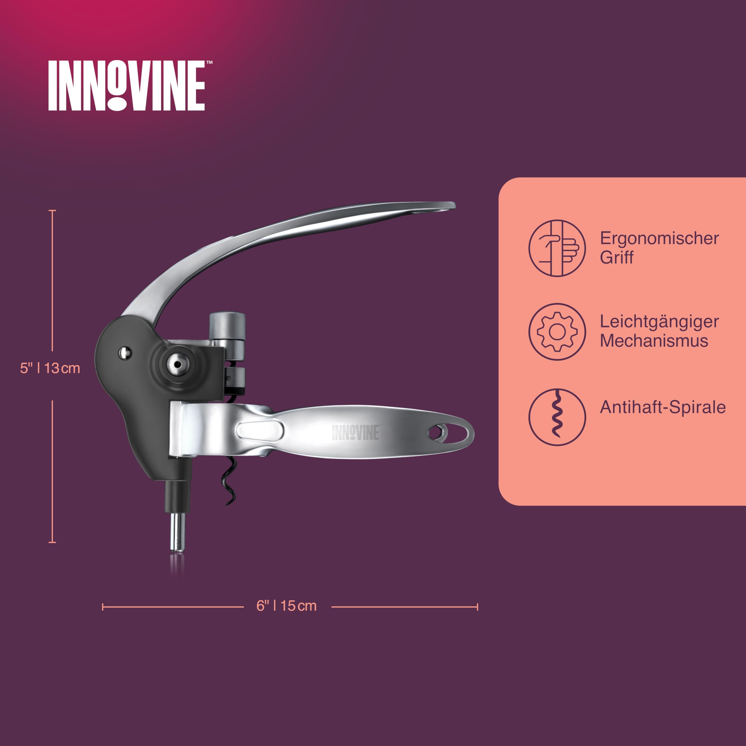 Innovine Horizontaler Hebel-Korkenzieher, langlebige Zinkdruckguss-Konstruktion, Weinöffner mit antihaftbeschichtetem Spiralwurm, perfekt für Hausbar, Reisen, Picknick, Camping, Party im Freien, 1