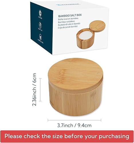 Miniatura 6 de KITCHENDAO Caja de cuenco de bambú para sal, elegante recipiente de sal de cocina con tapa magnética giratoria para almacenar pimienta, especias,