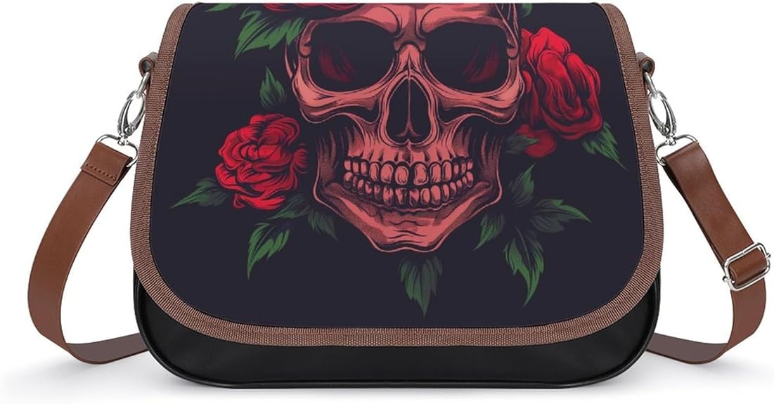 Women's Handbag Sugar Skull Rose Flowers Satchel Bag Leather Crossbody Bag Waterproof Messenger Bag