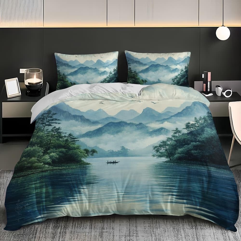3-częściowy komplet pościeli z chińskim malarstwem krajobrazowym, 200 x 200 cm, miękka poszewka na kołdrę i 2 poszewki na poduszkę 80 x 80 cm, nie wymaga prasowania i blaknięcia, zestaw dla rodzin