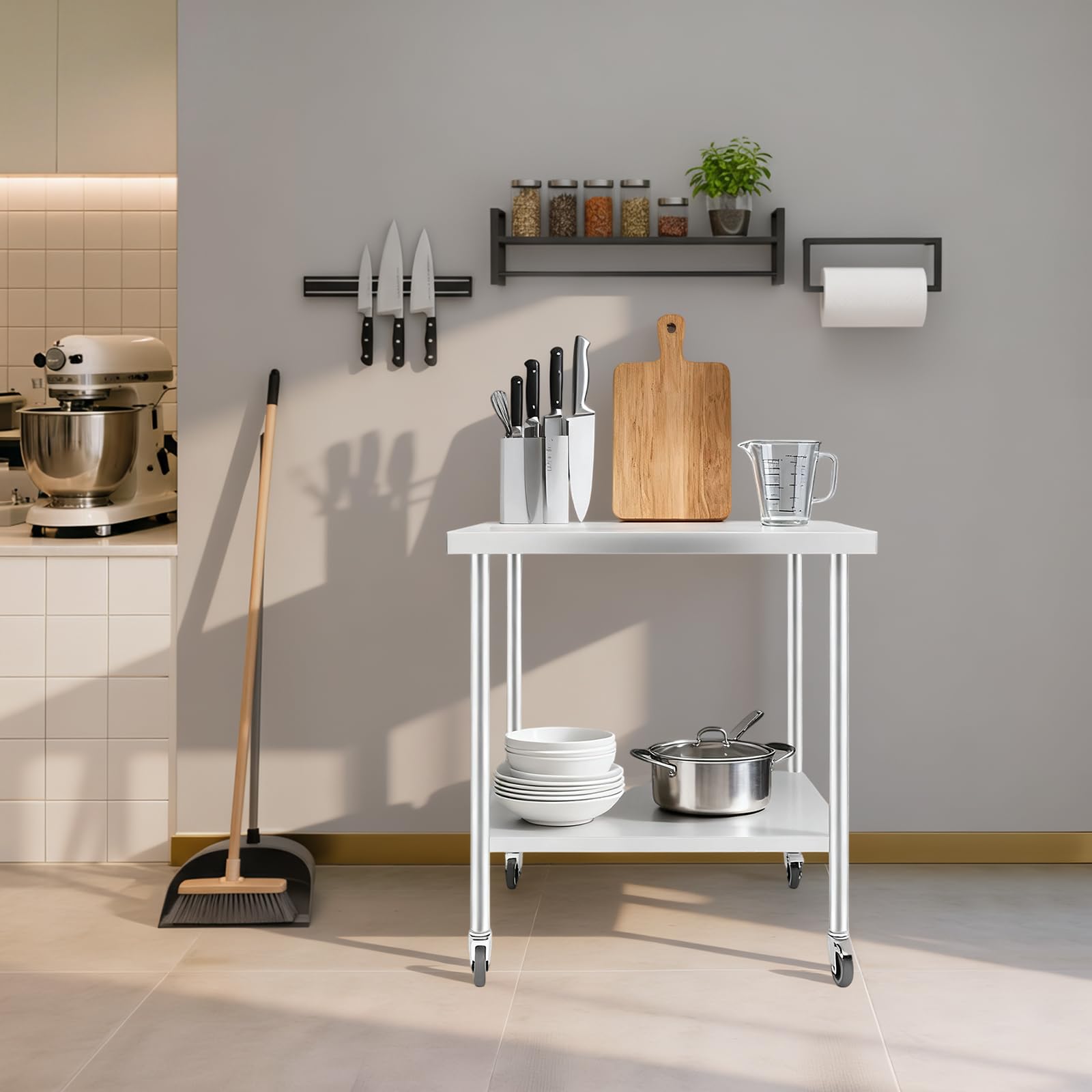 Tavolo da lavoro in acciaio inox, 76 x 60 x 85 cm, con ruote, tavolo da cucina per la preparazione degli alimenti, tavolo da gastronomia con portata di 300 kg, per ristoranti e hotel (4