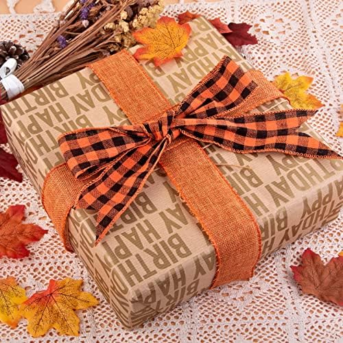 HOMMFAIR 6 Rolls Burlap Ribbon Roll,Fall Wired Ribbon for Wrapping Plaid Red Orange Maple Leaf Autumn Harvest Craft Ribbon for Gift Wrapping Thanksgiving Christmas Wedding Wreath Decor,18 Yard
