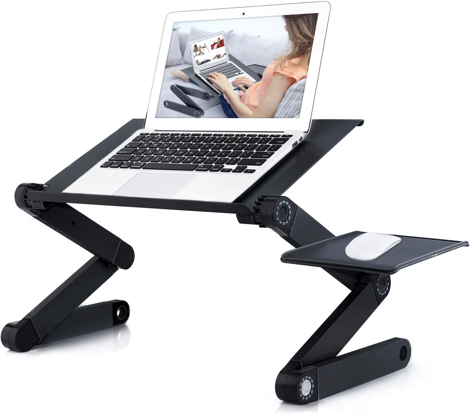 Foldable Laptop Table Stand for Bed, RAINBEAN Portable Sofa Vented Lap Desk with Mouse Pad Side Compatible Notebook PC, Tray Table for Couch, Aluminum Ergonomics Design, Black