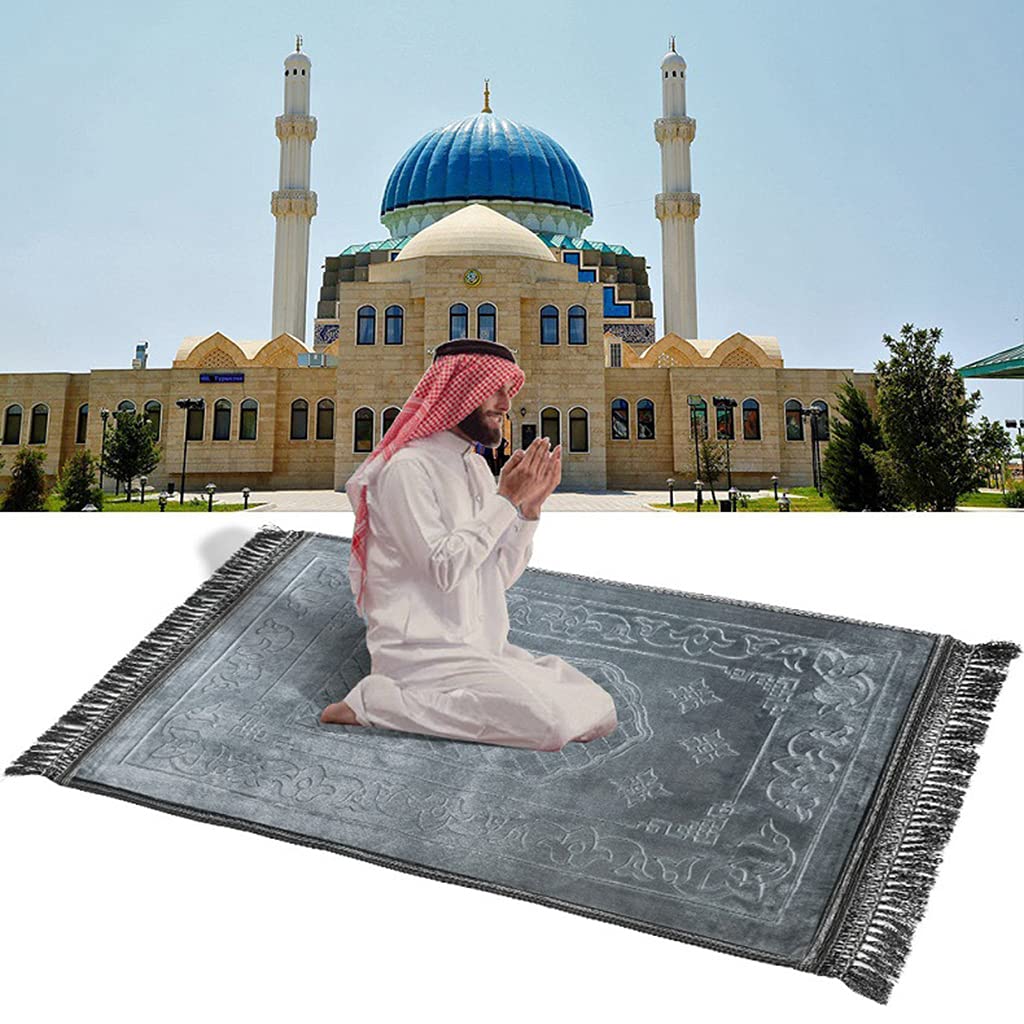 Xuebai Moslim gebed tapijt 3D reliëf bloemen fluwelen bidmat kwastje Turkse deken moslim gebed mat grijs