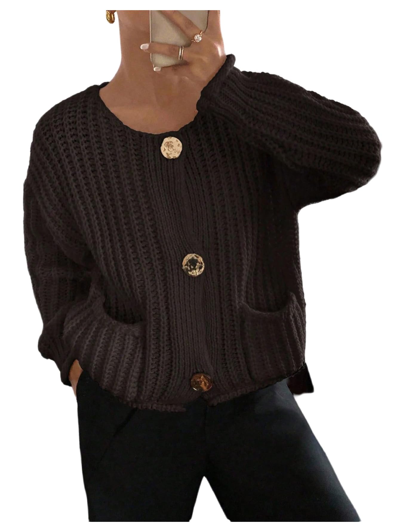 Womens Button Down Knit Cardigan Long Sleeve Crewneck Sweaters Outerwear Fall Aesthetic Outfits