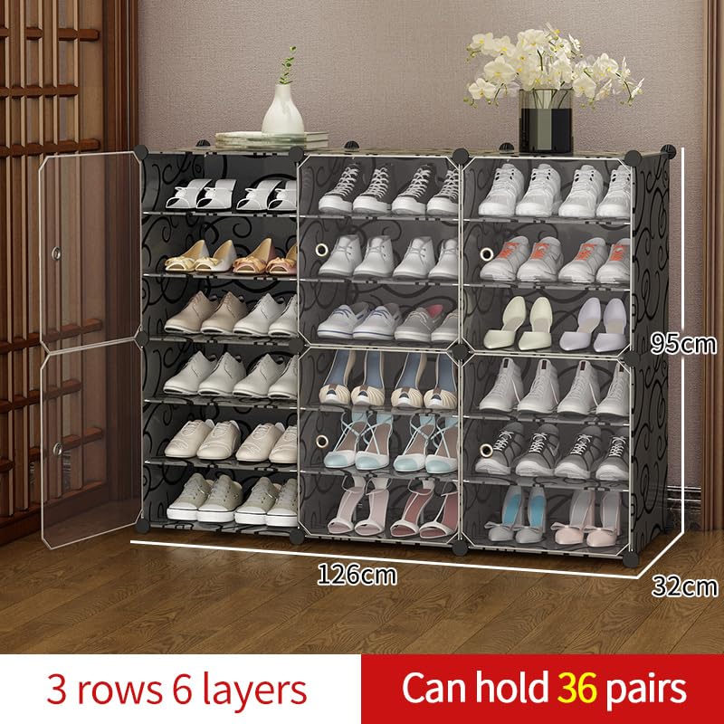 Image of AYSIS 18 Shelf DIY Shoe Rack Box Organizer ^ Multi-Purpose Plastic Shoe Rack for Home, PP Plastic Home Rack with Door for Entryway, Chappal Slipper Shoe Stand【Black, 18-Shelf-6-Door】