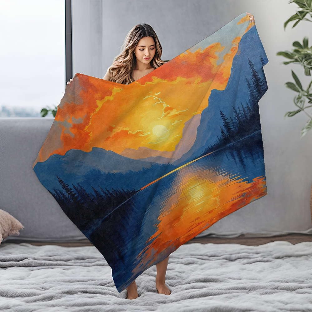 Couverture imperméable coucher de soleil lac en flanelle 125x150cm