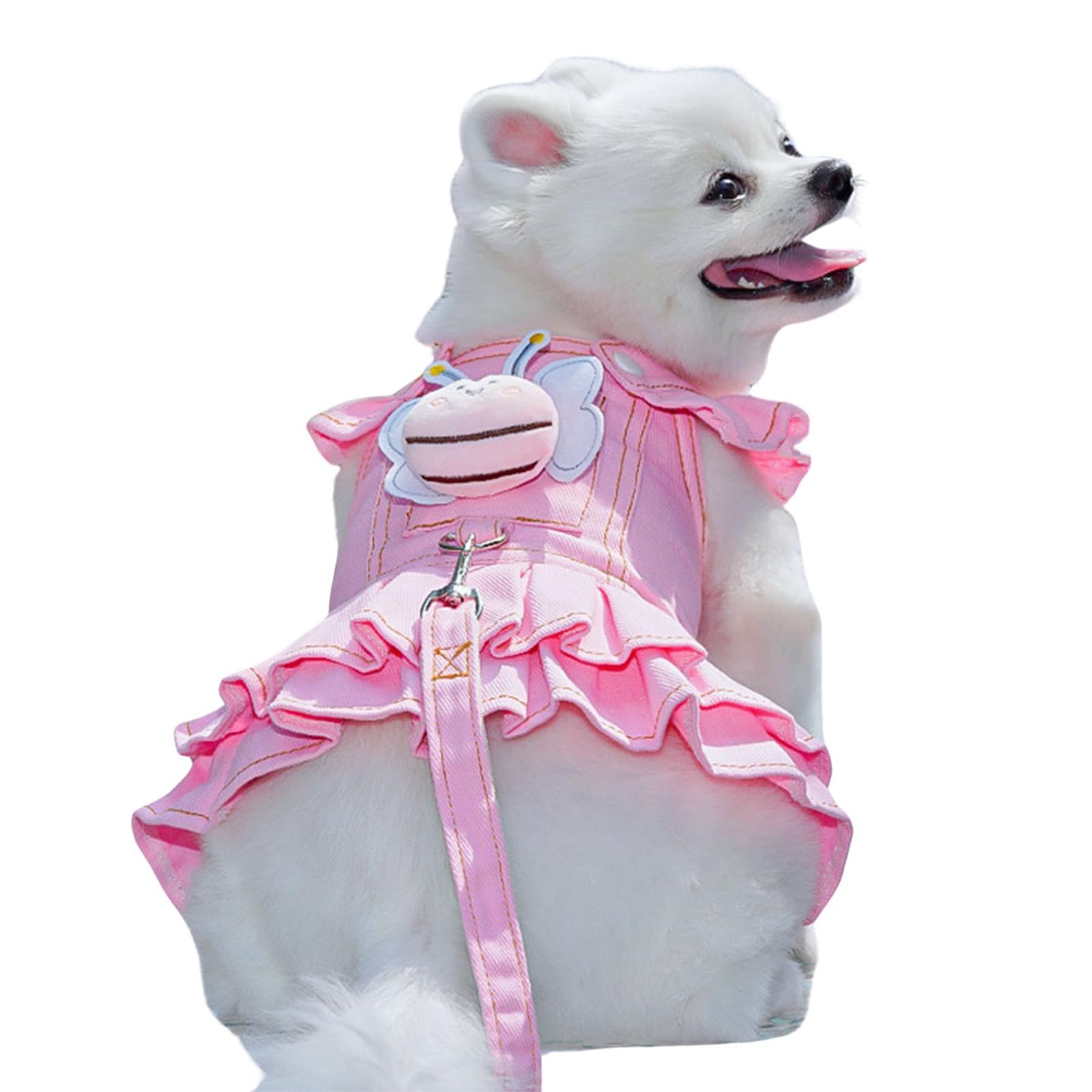 Pet No Pull Harness Set,Cat Dog Denim Dress with D-Ring Leash Bee Pin,Mesh Padded Puppy Harness Princess Dress for Training Walking_2XL(Pink)