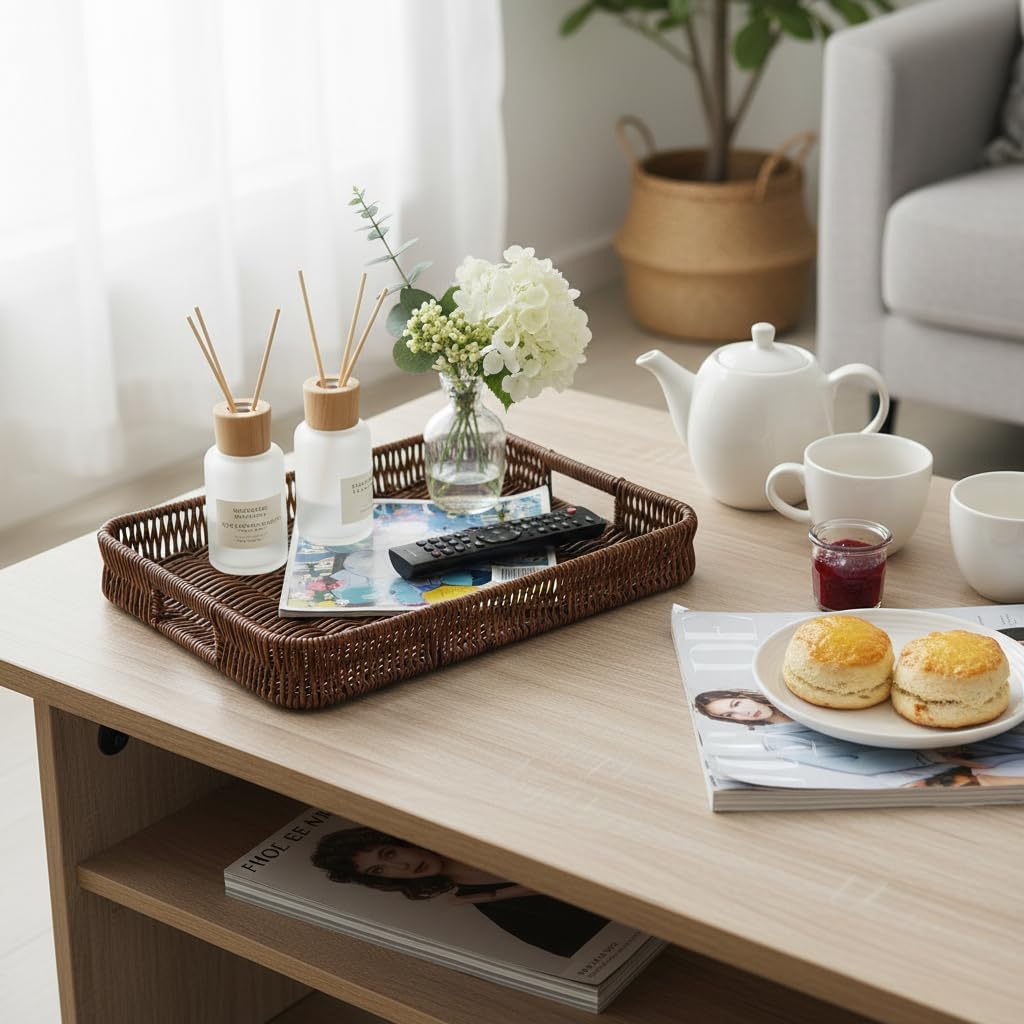 3pcs Rectangular Serving Tray with Handles, Decorative Wicker Organizer Baskets Storage Tray for Coffee Table, Bread, Fruit, Snacks, Centerpiece Decor