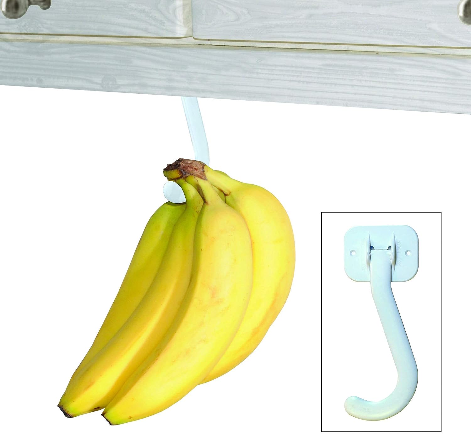 Banana Hook Hanger Under Cabinet Hook Ripens Bananas with Less Bruises, Hang Other Lightweight Kitchen Items, Folds Up Out of Sight When Not in Use, Self-Adhesive + Pre-drilled Screw Holes (White)