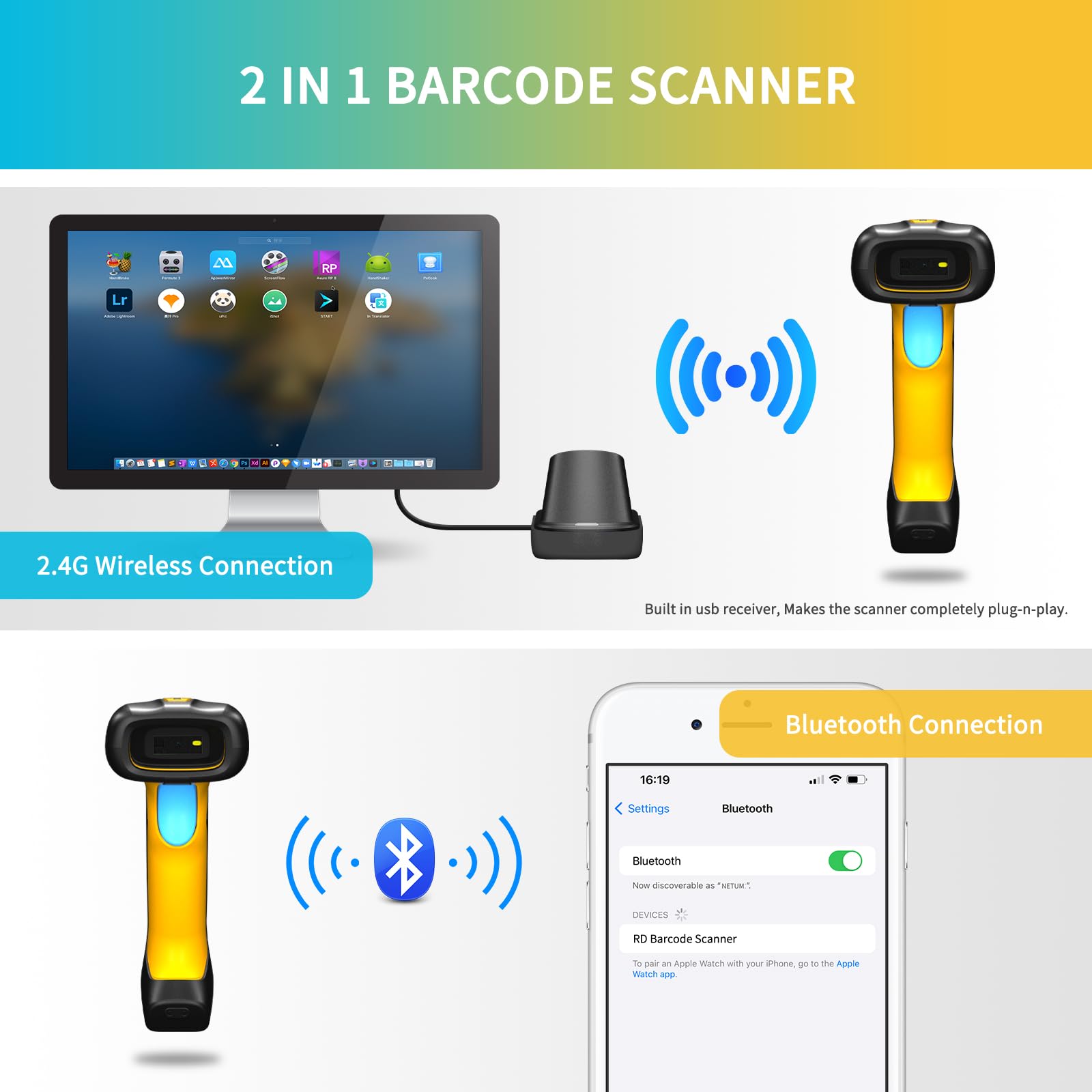 NETUM Verbesserter Bluetooth Barcode Scanner NT-1200, kabelloser 2D-1D-Leser, stoßfest, staubdicht, für Windows Mac Android iOS