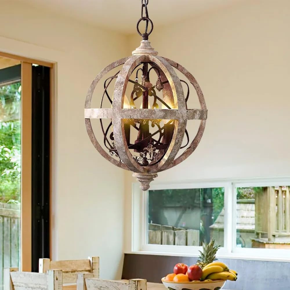 Homary Retro Rustikaler Kronleuchter mit 3 Leuchten, verstellbare industrielle Deckenleuchte mit verwittertem Holz, Metallkugel und Kristallakzenten für Kücheninsel, Esszimmer & Schlafzimmer