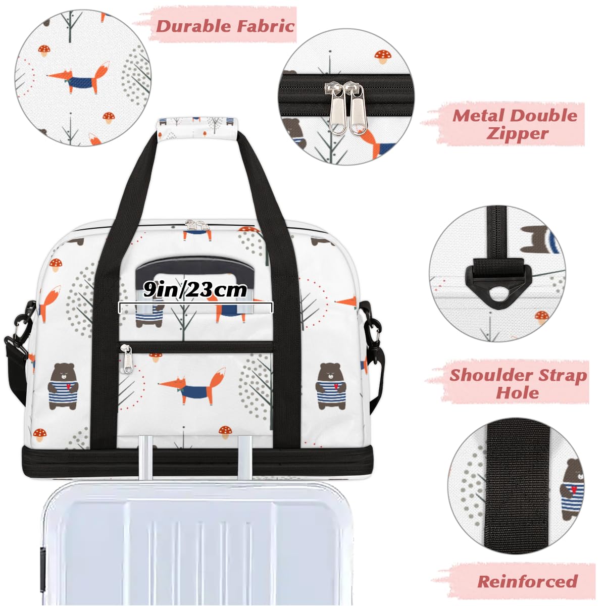 Fox Bear Forest - Borsone da viaggio pieghevole, 47 l, con maniche a trolley, borsa a tracolla separata bagnata per sport, palestra, viaggi, Multi, 47L, Borsone da viaggio