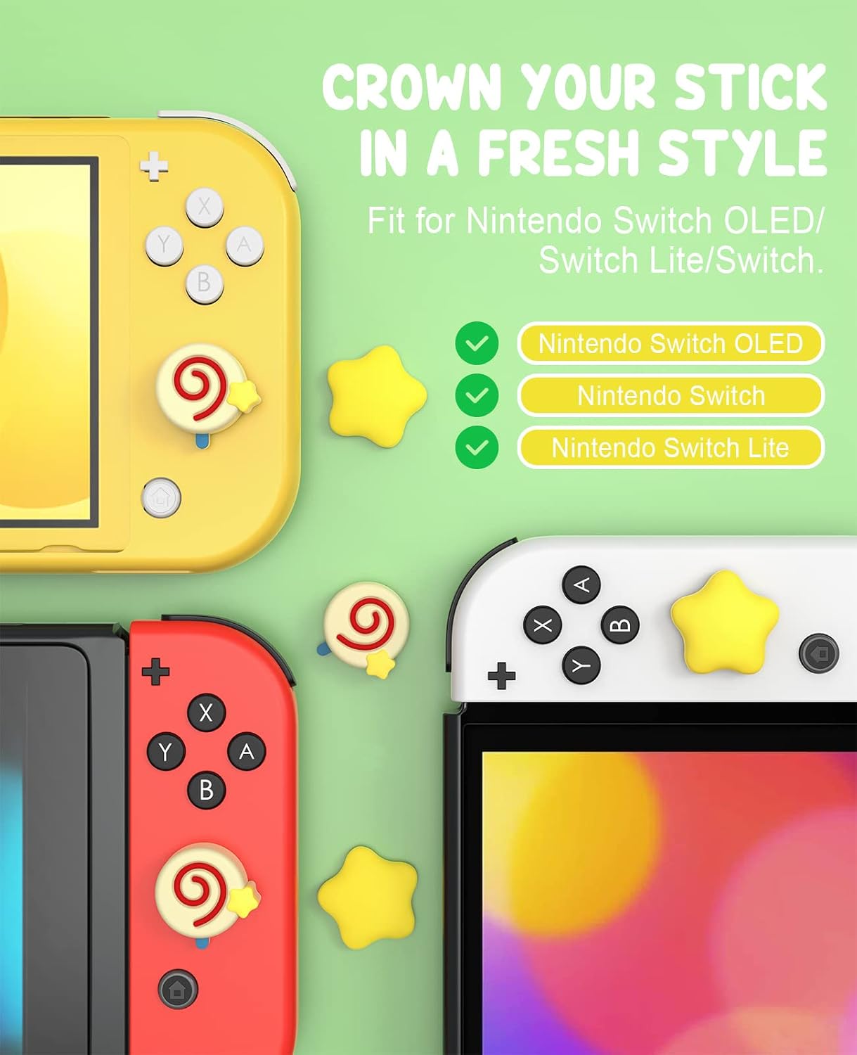 MoKo Joystick Caps for Nintendo Switch, Cute Joycon Thumb Grip Caps Analog Silicone Cover Compatible with Nintendo Switch/Switch Lite/Switch OLED, 4 PCS Thumbstick Caps, Star Lollipop