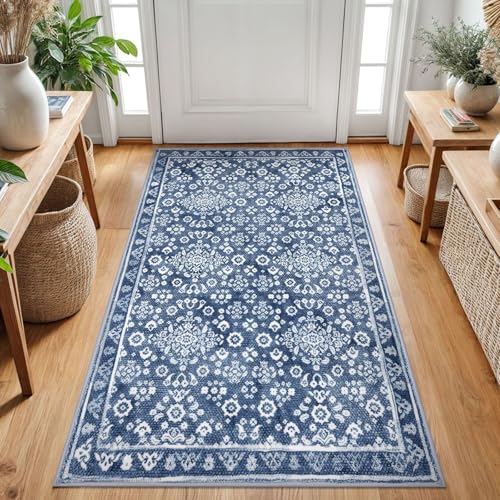 SILOLOOM Vintage Washable Rugs for Entryway 3x5 Area Rug Non Slip Door Mat