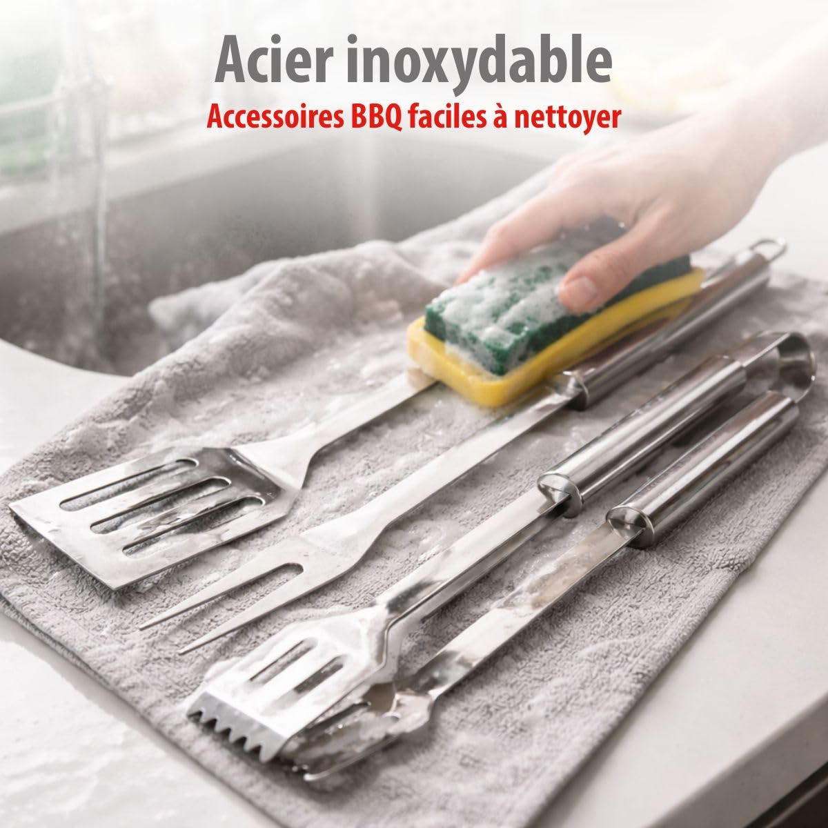 Alpina Kit Barbecue Ustensiles 3 Pièces - Pince et Spatule Acier Inoxydable - Fourchette à Viande Argent