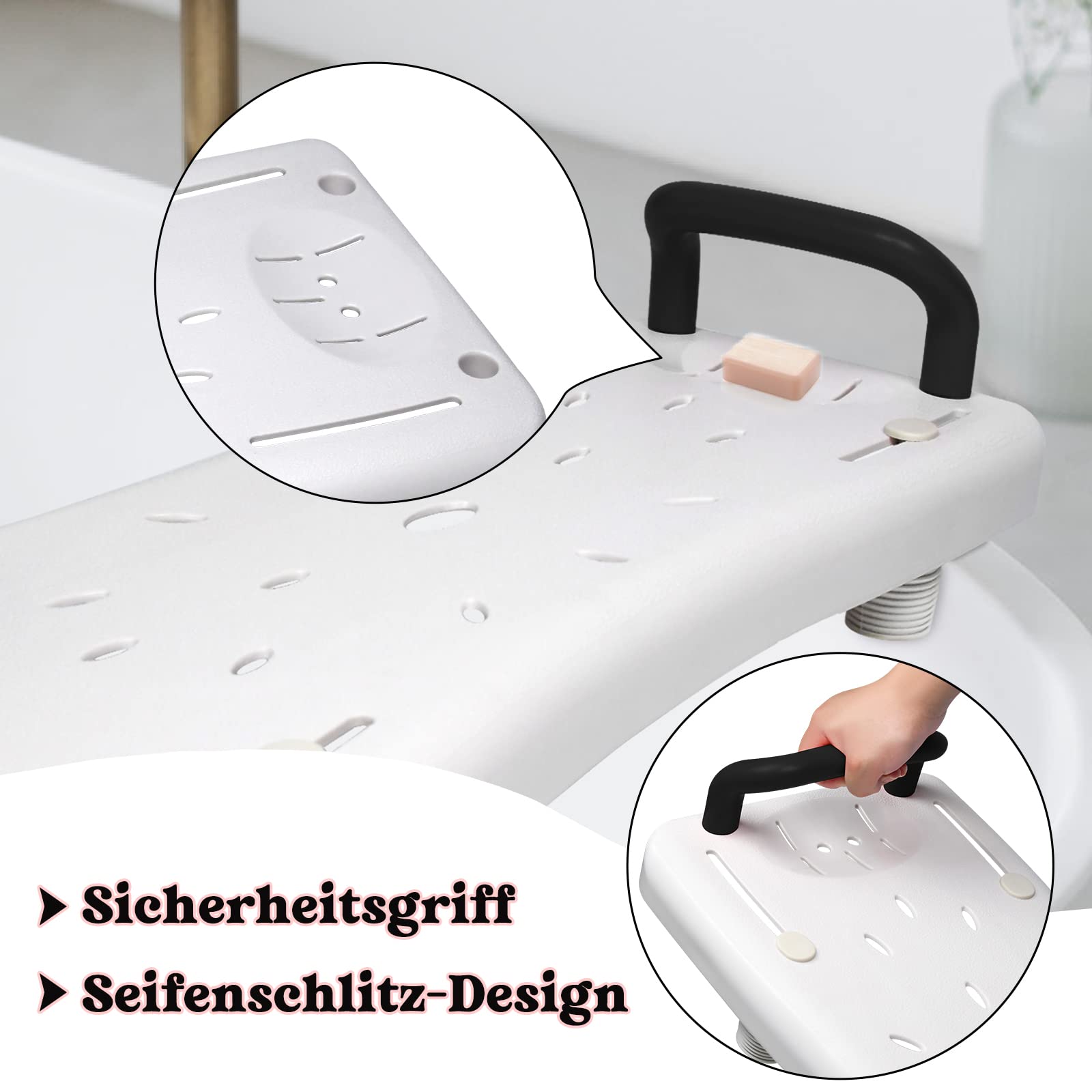 HENGMEI Badewannensitz Senioren, Badewannenbrett Badewannen Einstiegshilfe, Einstellbar Plastik Sitz Bath Erwachsene, Duschbrett für Badewanne mit Seifenablage und Haltegriff, Schwarz Griff