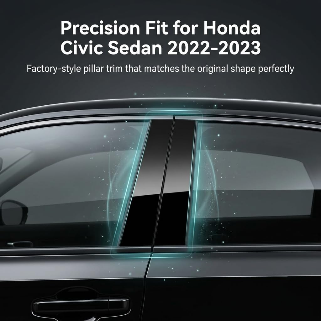A Set Window B Pillar Post Cover Trim Molding Kit fit for 2022-2026 Honda Civic Sedan Accessories with Gloss Black Self-Adhesive