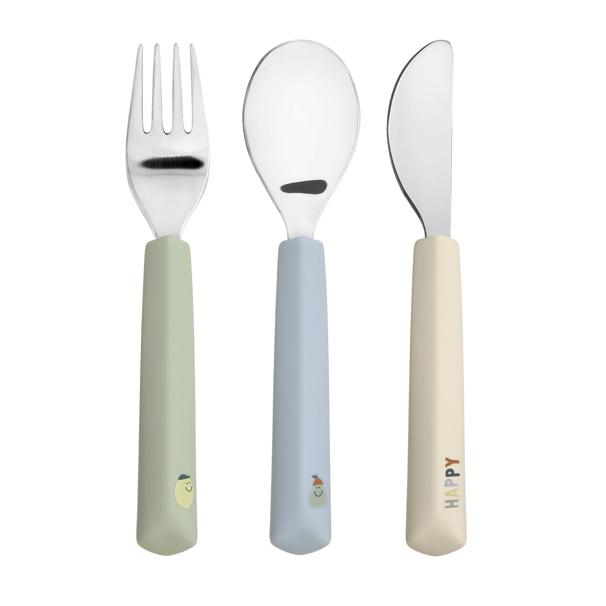 LÄSSIG Kinderbesteck Set 3-teilig Gabel, Löffel, Messer Edelstahl Silikongriff/Cutlery with Silicone Handle Happy Fruits Lemon