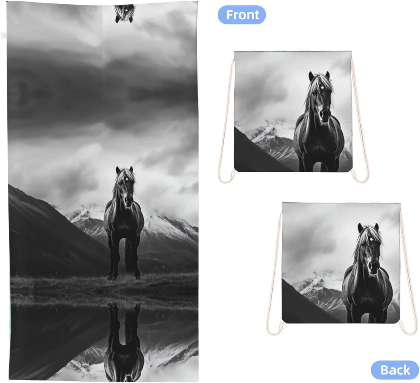 2 in 1 Packable Towel Bag,Soft Absorbent Pool Towels Backpack Quick Dry Lightweight Beach Towels Horse On Mountain Drawstring Bag for Travel Camping Sports Picnic image 2