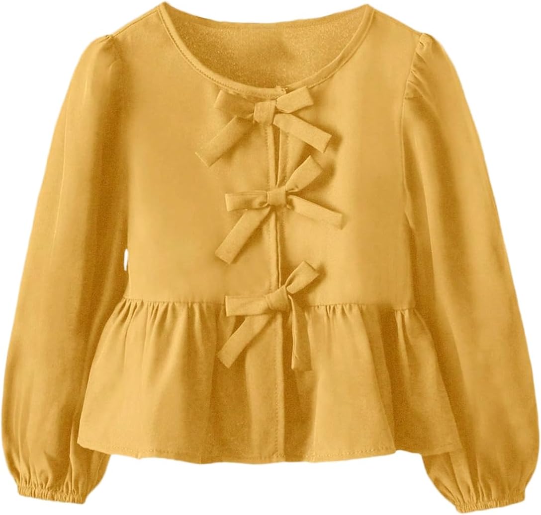 OYOANGLE Toddler Girl's Tie Front Blouse Puff Sleeve Peplum Tops Ruffle Babydoll Bow Lace Up Shirts