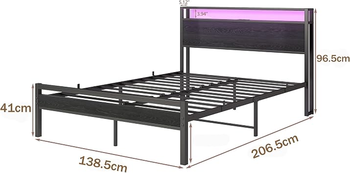 HOJINLINERO Double Bed Frame with Storage Headboard and LED Lights,Black