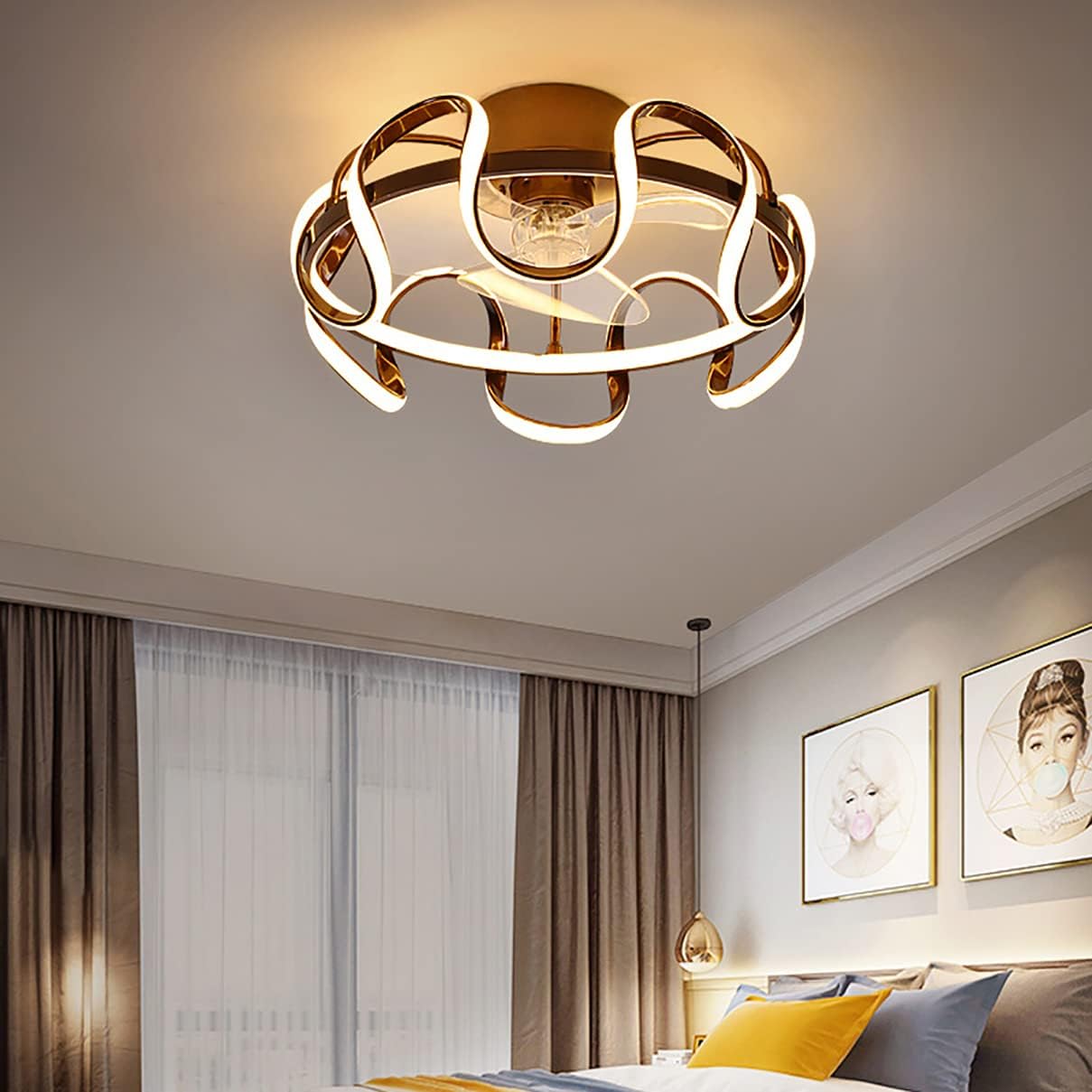 YUEGOO Ceiling Fans with Lamps,Bedroom Quiet Ceiling Fan with Light Led Dimmable 3 Speeds Round Fan Ceiling Light with Remote Control Modern Living Room/Brown