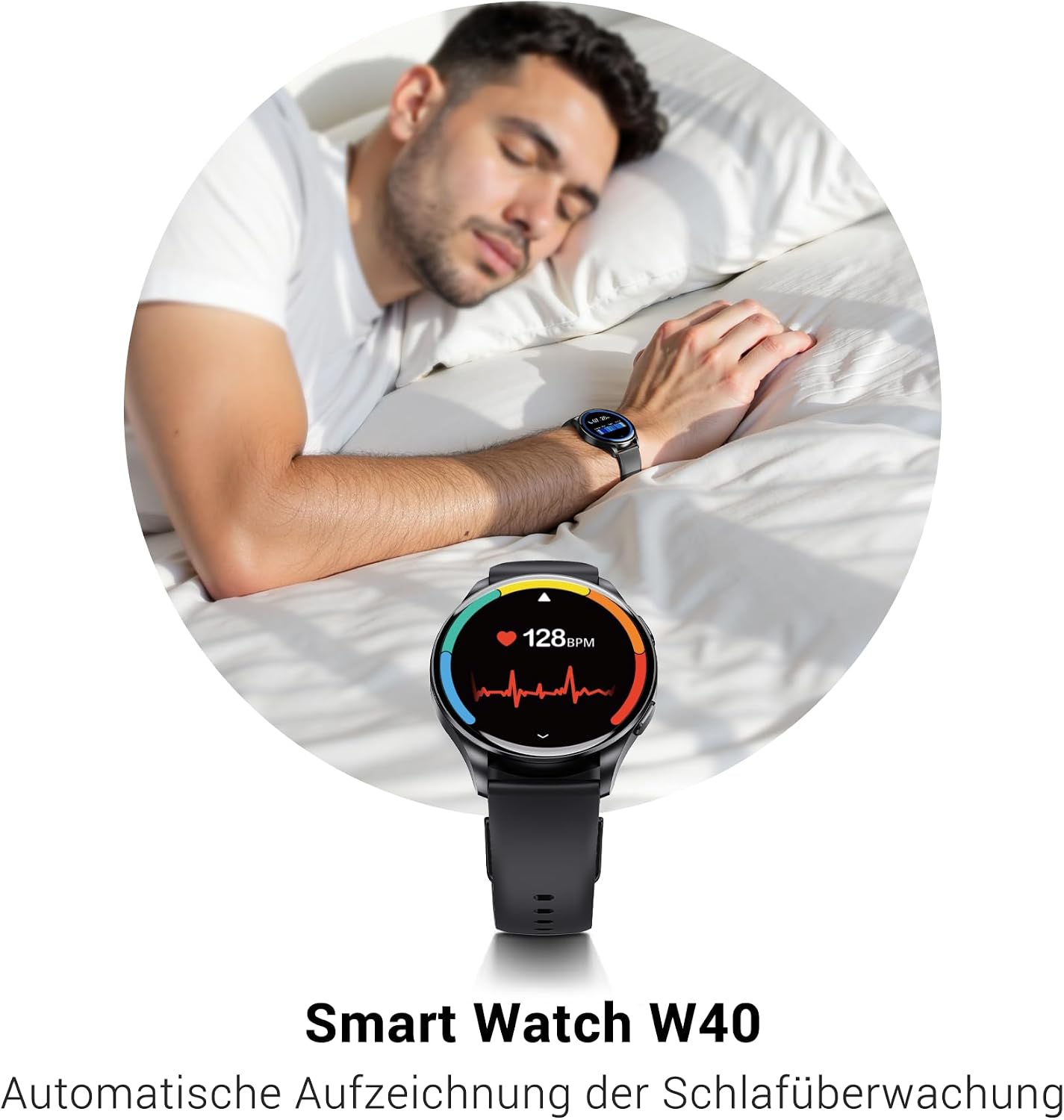 Person sleeping, with the IOWODO W40 Smartwatch shown monitoring sleep patterns and heart rate.
