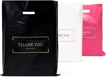 BISC Small Thank You Bags,9x12 Plastic thank you bags, 65PCS retail bags, die cut plastic bags, Shopping Bags for Boutique, Stores, Party, Black