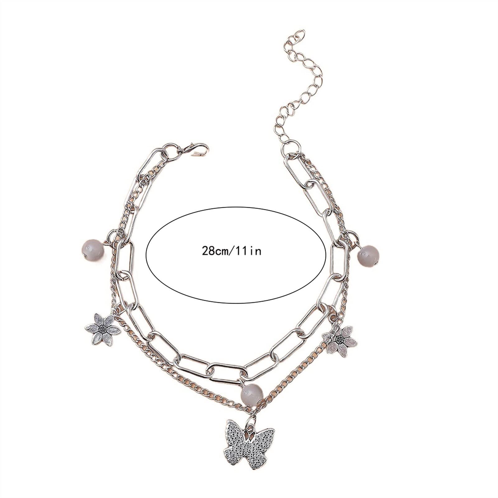Fußkettchen mit Schmetterlings-Motiv, mehrschichtige Kette, Fußkettchen mit Blumen-Kristall, verstellbare Fußkettchen für Damen
