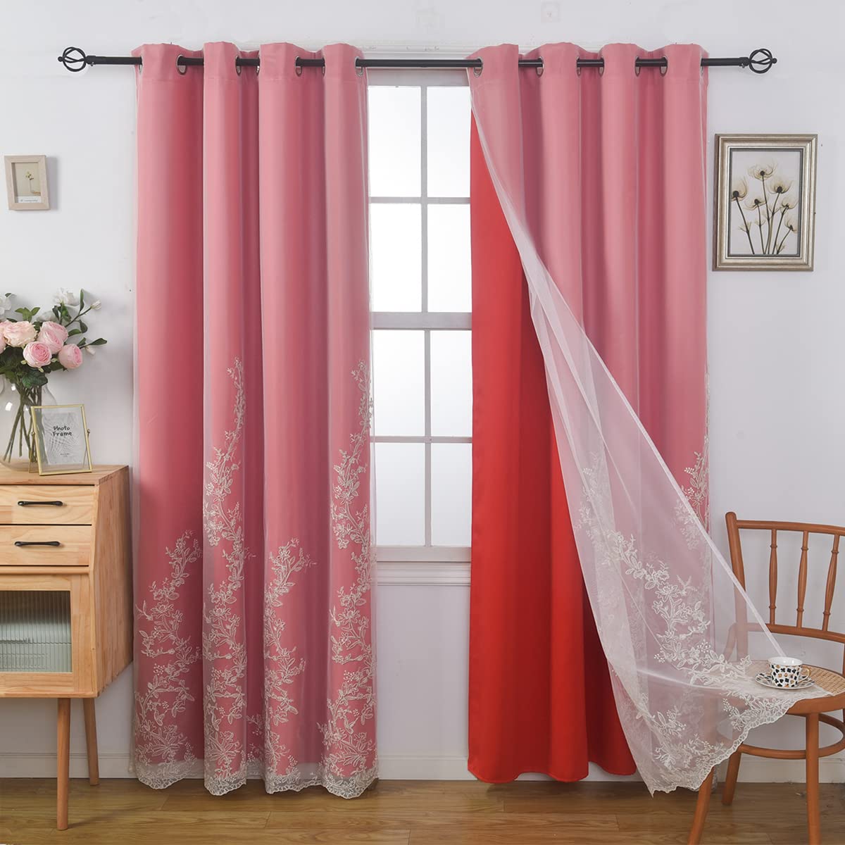 Tenda A Pannello Lussuosa Con Paillettes Ricamate - Taffetà Finta Seta, 145x228 Cm, Colore Rosso