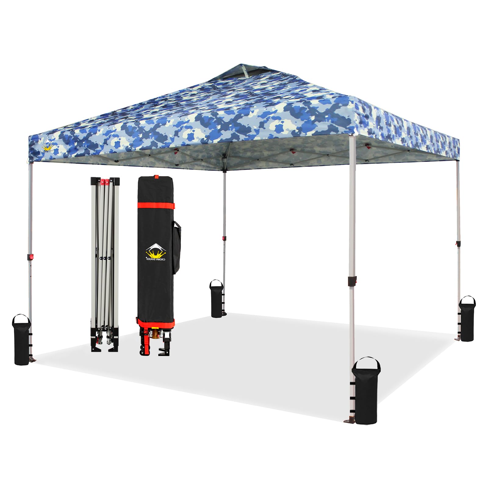 CROWN SHADES 10x10 Pop Up Canopy, Patented Center Lock One Push Instant Popup Outdoor Canopy Tent, Newly Designed Storage Bag, 8 Stakes, 4 Ropes, Camouflage Blue