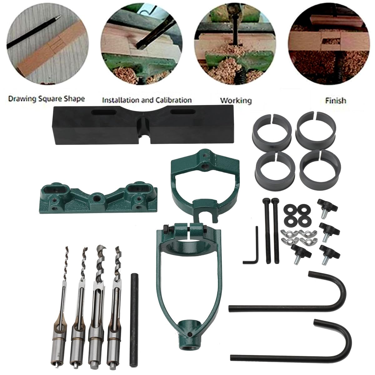 Vierkant-Stemmbohrer Lochsäge Stemmmaschine für Holz Meißel Bohrer Quadrat Löcher Mortising Mortise Locator Set Für Bohrmaschine, Stemmmeißel Zapfmaschine Mit 4 Bits Stahl Holzbearbeitungsbank