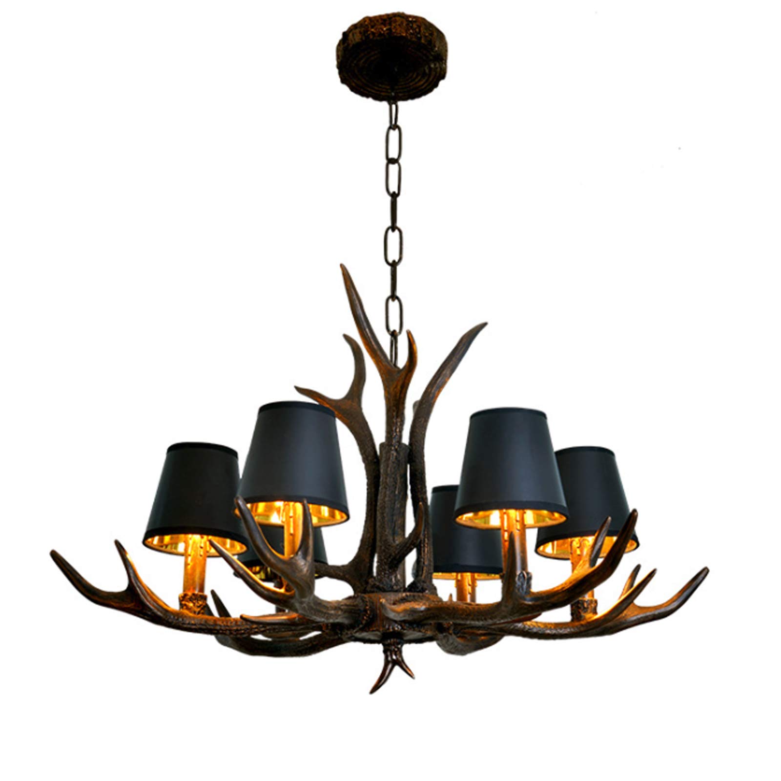 Żyrandol w stylu vintage, retro, E14, w kształcie poroża, żywica, 6 lamp, industrialny, dekoracyjny, do apartamentu, z regulacją wysokości, z abażurami, oświetlenie salonu, baru, kawiarni, jadalni