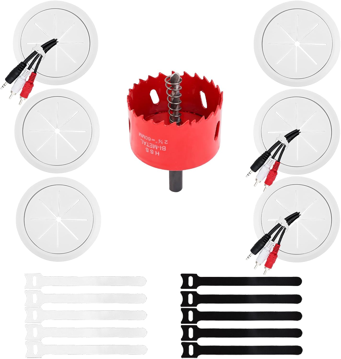 6 Pack Cord Hider for Wall Mounted TV, 2-3/8"(60mm Hole) Cord Hider for TV Wall, Wall Cable Management Kit, Includes 6 Black Pass Throughs, 1 Hole Saw Drill Attachment & 10 Cable Ties for Easy Install