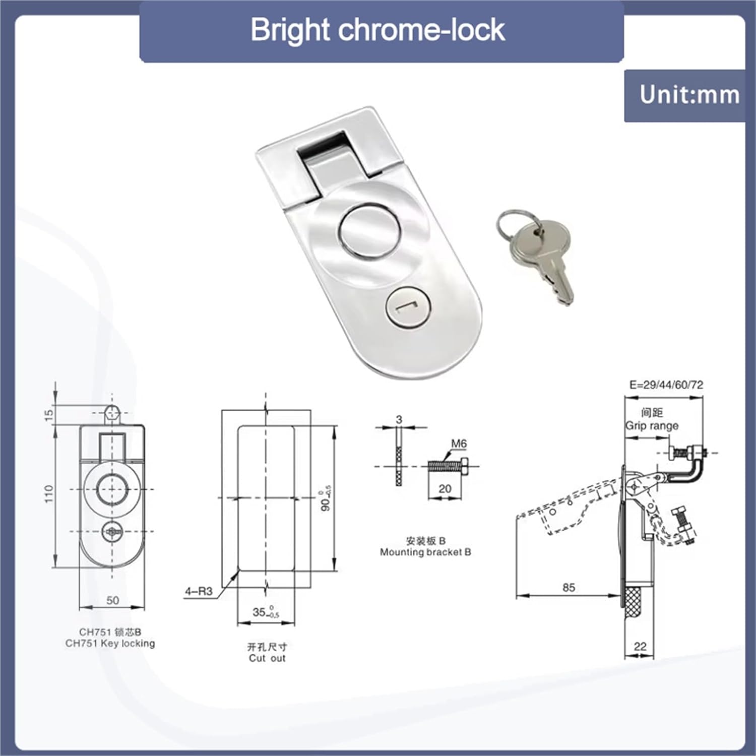 Flat Lock Zinc Alloy Industrial and Fire Locks of Distribution Box Doors and Switch Cabinets 1Pcs(Bright with Lock)