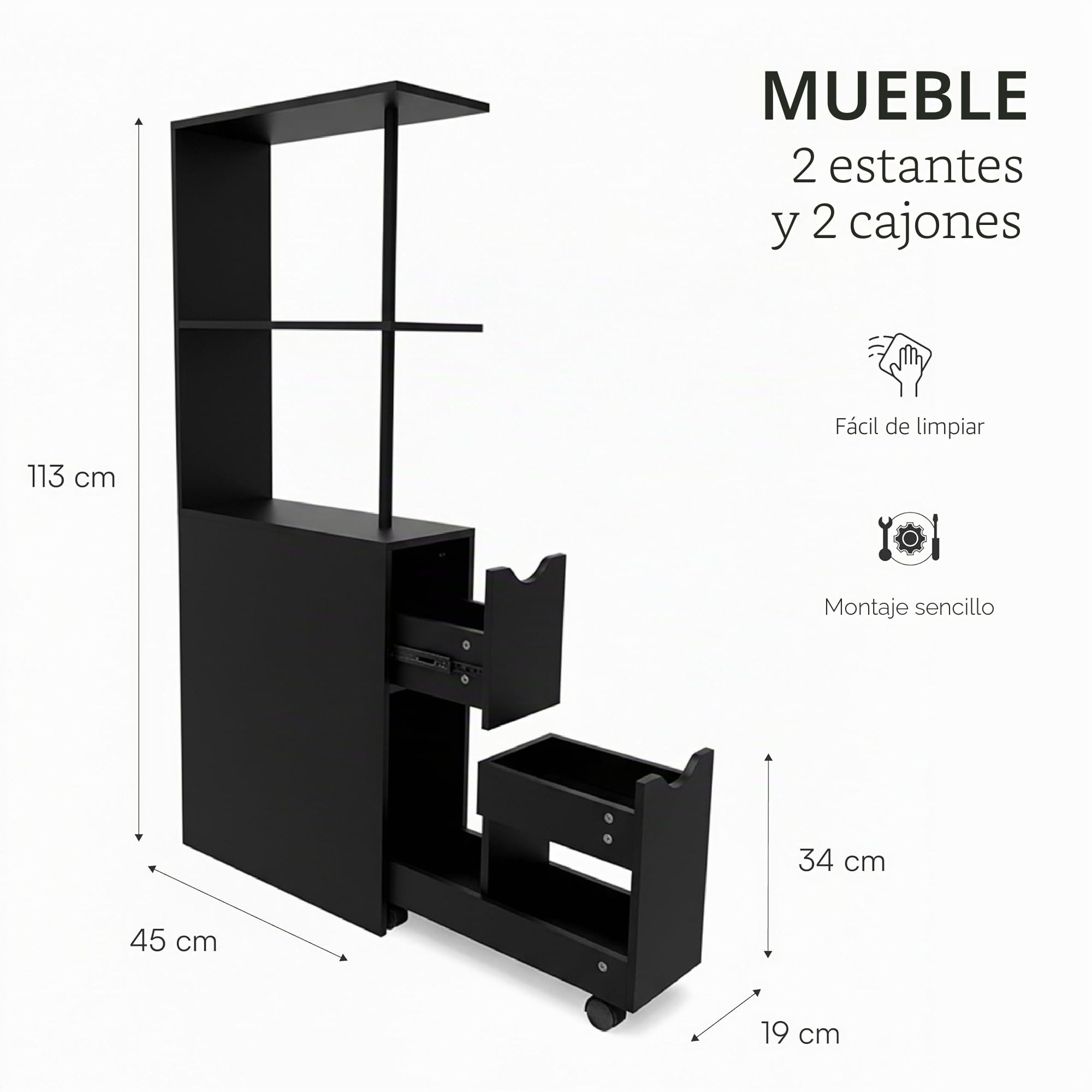 Baroni Home Columna de baño que ahorra espacio, mueble alto con estantes abiertos y cajones, multiusos, columna moderna para baño, cocina y dormitorio, 30 x 30 x 180 cm, 3 estantes y 2 cajones, color