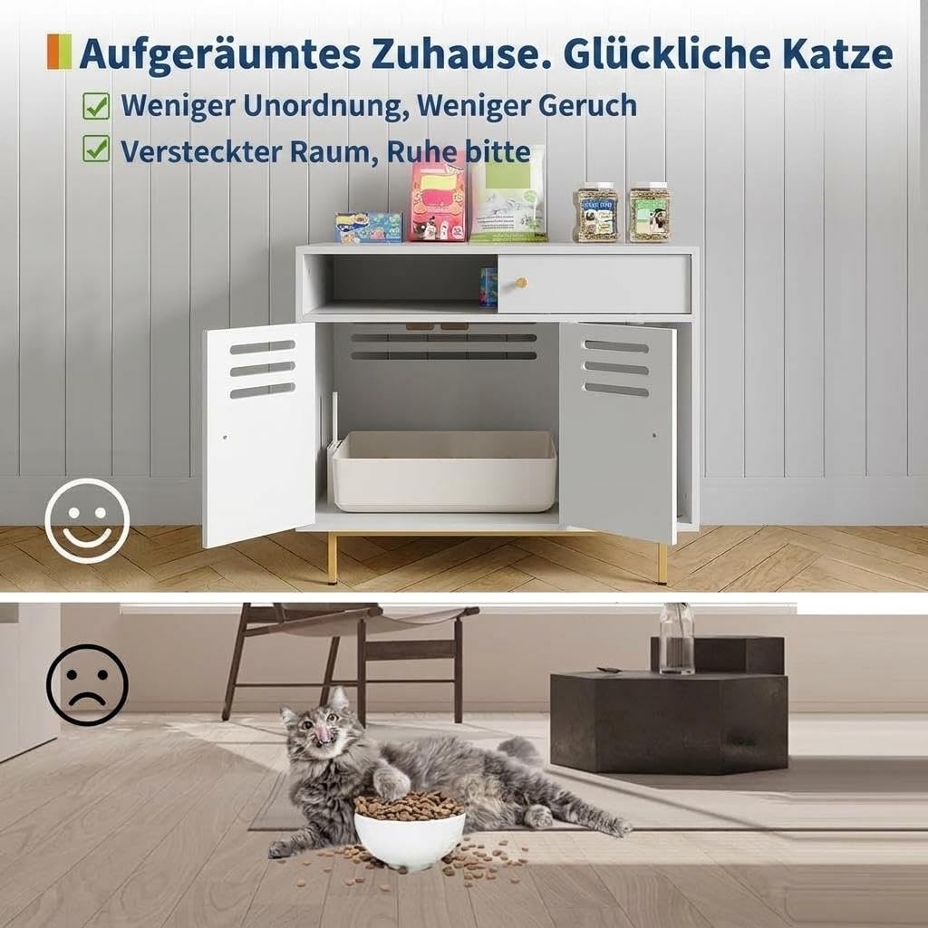 Modernes Katzenklo-Möbel mit Schublade, Regal, Versteckter Katzenklo Schrank 80 × 50 × 67cm, Katzenstreu Enclosure mit Seitlicher Einstieg, Belüftetes, Hundesicher für Flur & Schlafzimmer, Weiß