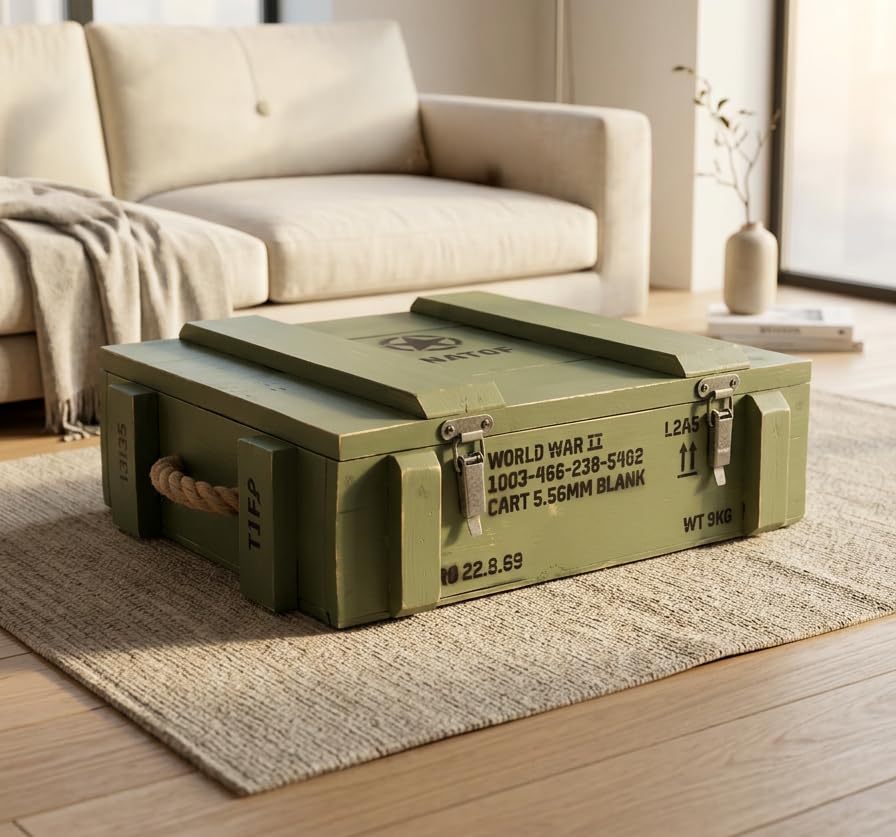 Military Style Wooden Ammo Crate Storage Chest, Vintage Green Decorative Trunk with Rope Handles & Metal Latches for Home Decor, Toy Box & Foot Locker (Box)-image-8