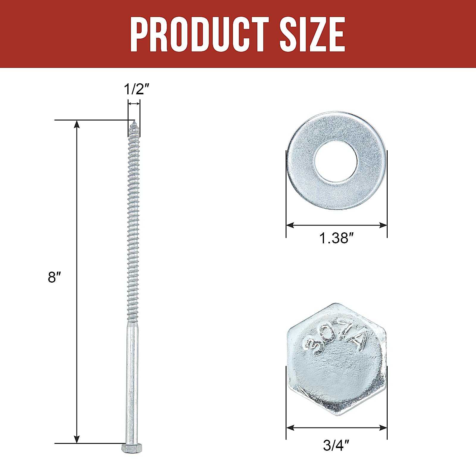 Bulloni a testa esagonale da 1/2 "x 8" (12 pz) 1/2" per legno, testa esagonale resistente con rondelle, zincati