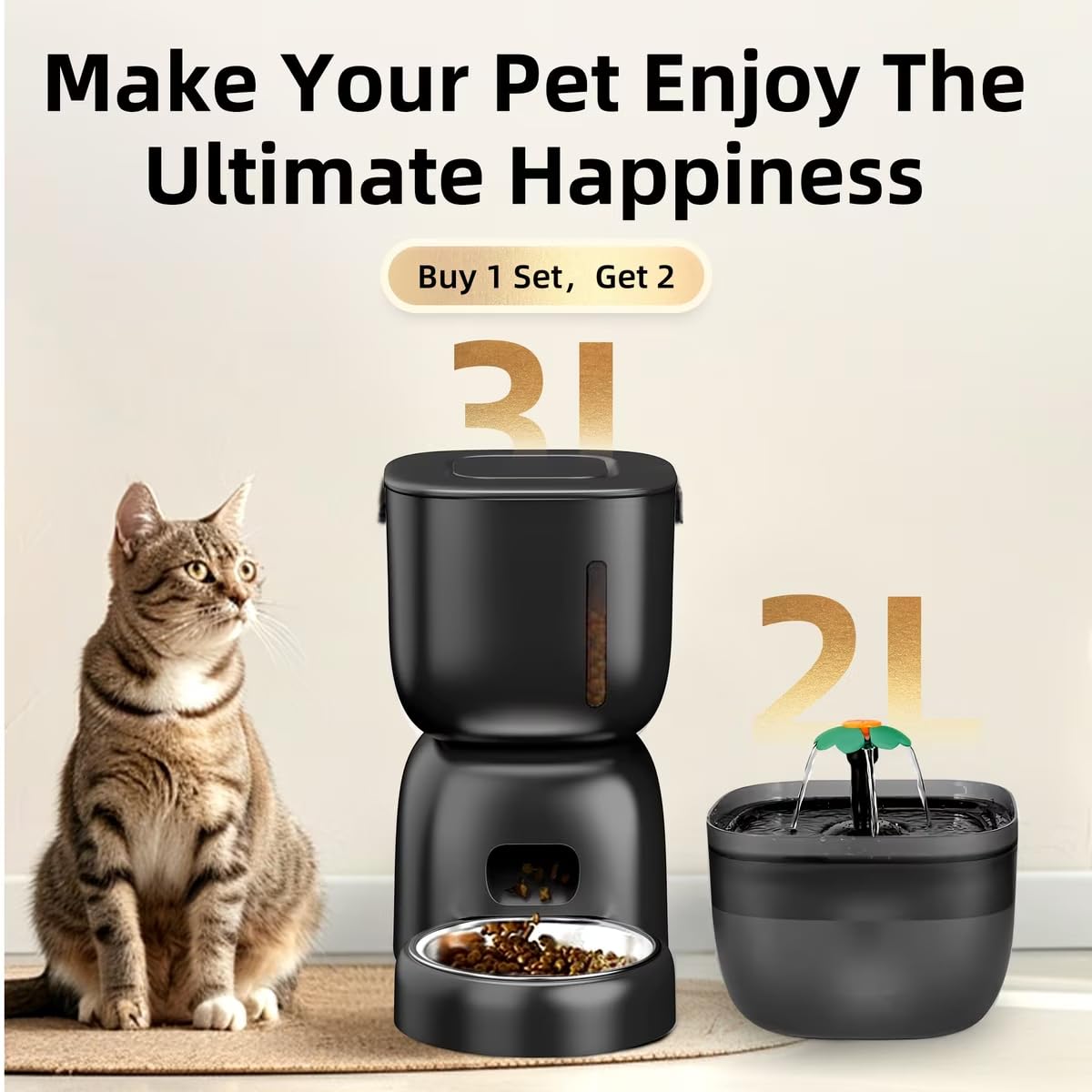 Casfuy Juego de comedero automático y fuente de agua 2 en 1 para gatos, negro, 3 L y 2 L