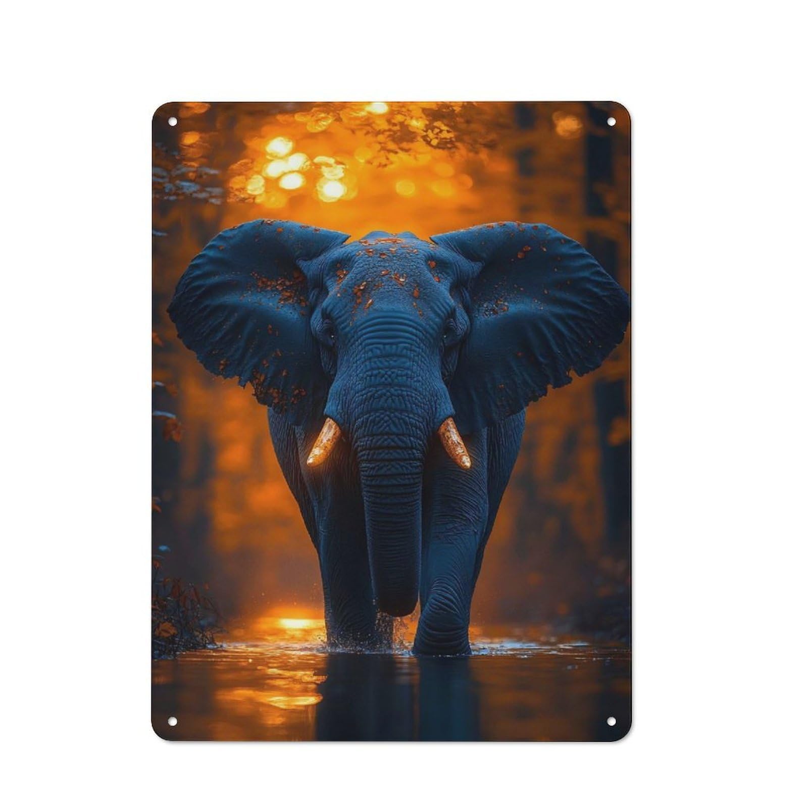 Junmoney Style-18 40X30cm Retro Metal Sign With Blue Elephant In Orange Forest For Living Room Or Hallway, For Living Room Decor Lovers Refreshing A Room In Autumn
