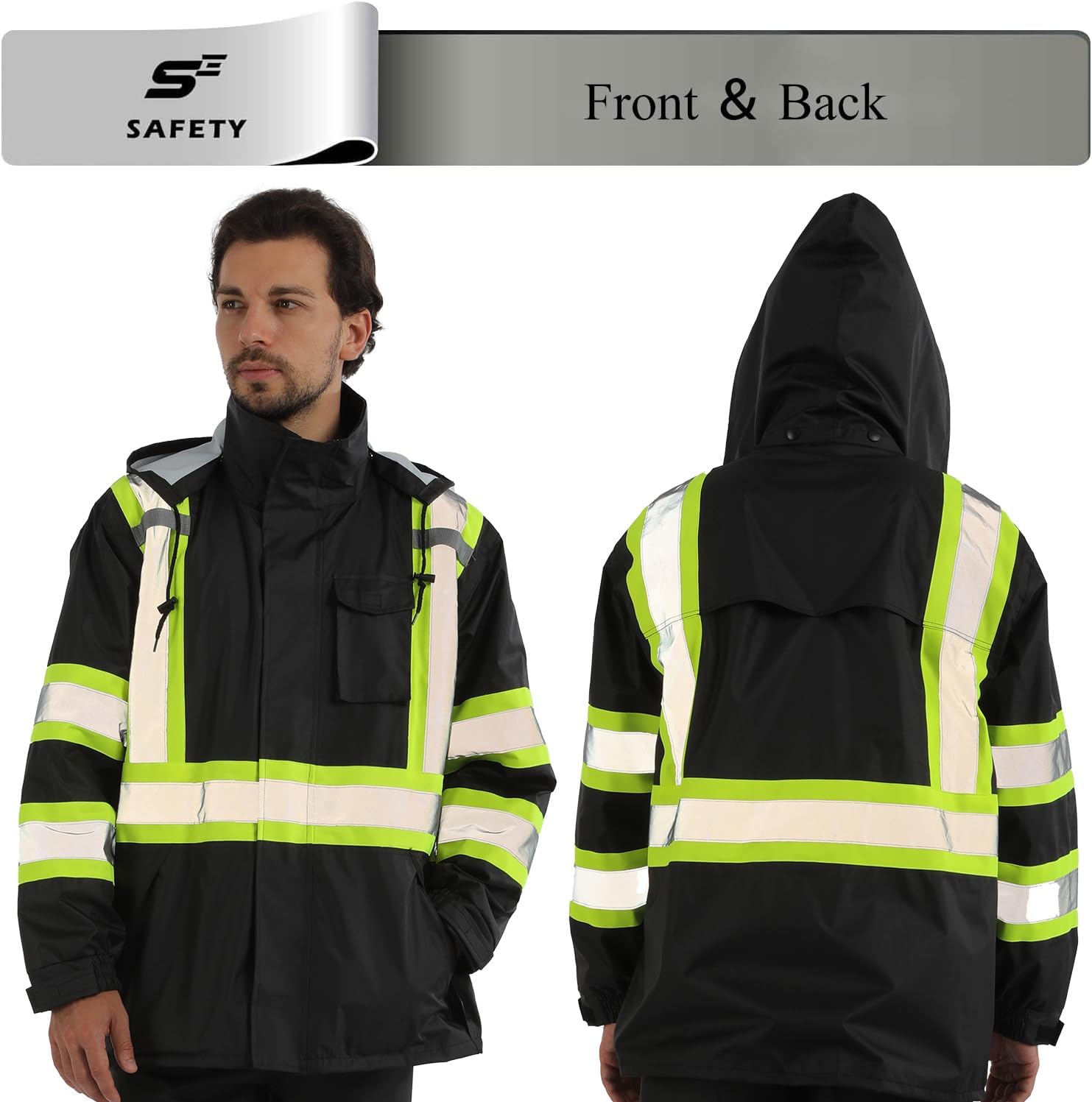 sesafety Hi Vis Rain Jacket, Rain Suits for Men Waterproof withBlack Bottom, Rain Coats for Men Interior Mesh, Class 3 HighVisibility Rain Gear,Removable Hood - Image 2