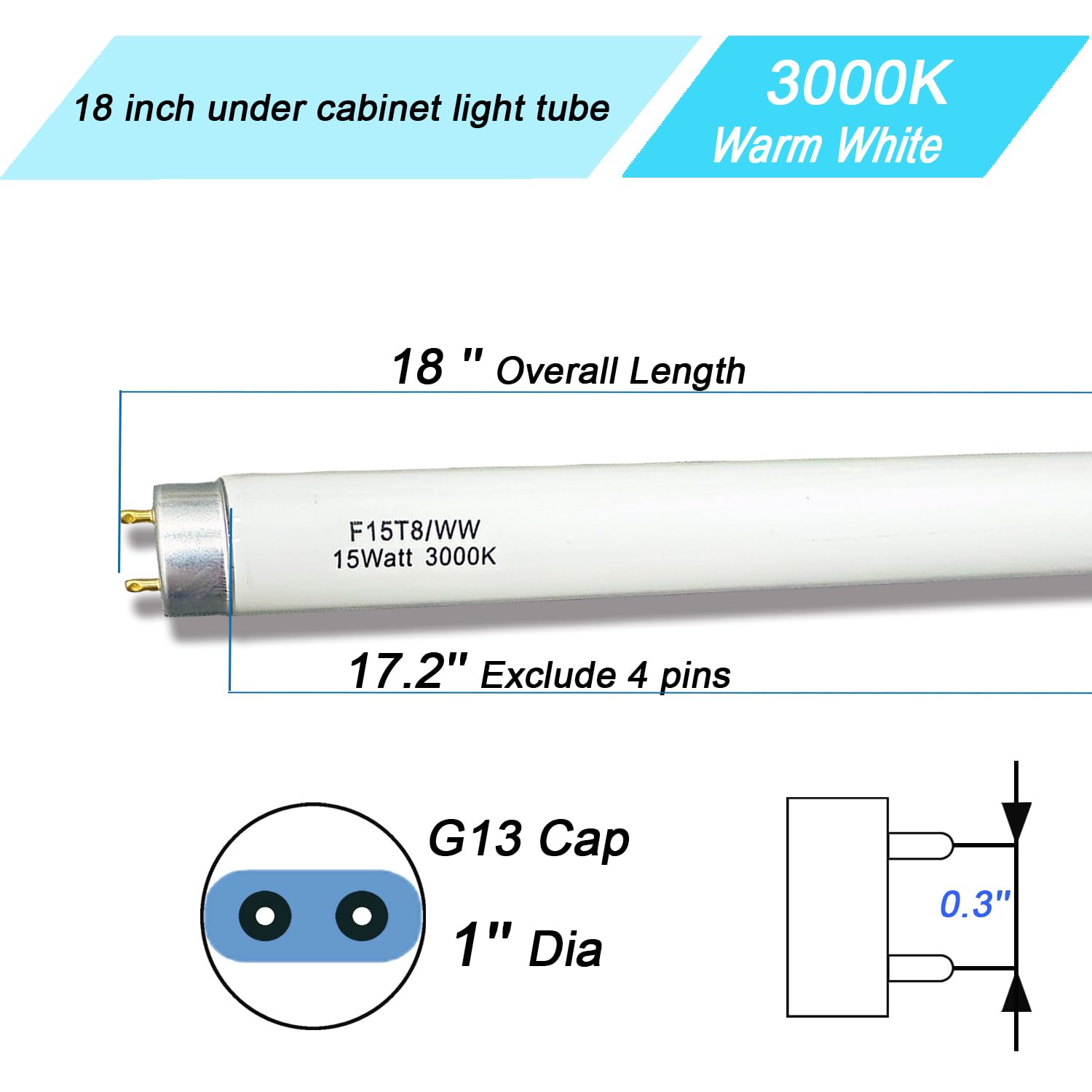 Bombilla fluorescente F15T8/WW (18 pulgadas) de 15 W, color blanco suave F15W-T8-KB, tubo de luz de repuesto, 3000 K, blanco cálido, lámpara lineal T8 para cocina y baño, 17 pulgadas, excluye