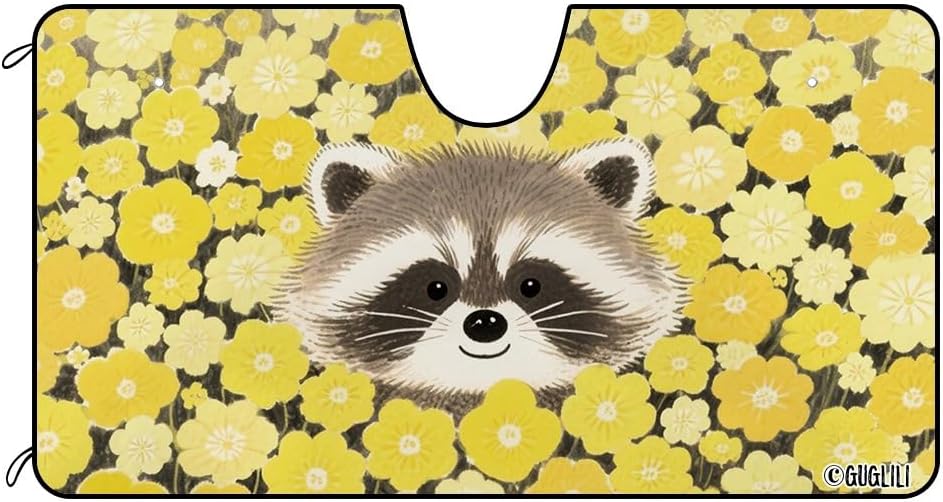 Dog Windshield Sun Shade Front Window Sunshade Raccoon & Yellow Florals Design Windshield Cover Blocks UV Rays for Car Truck SUV 51 x 26.8 Inch Style 1