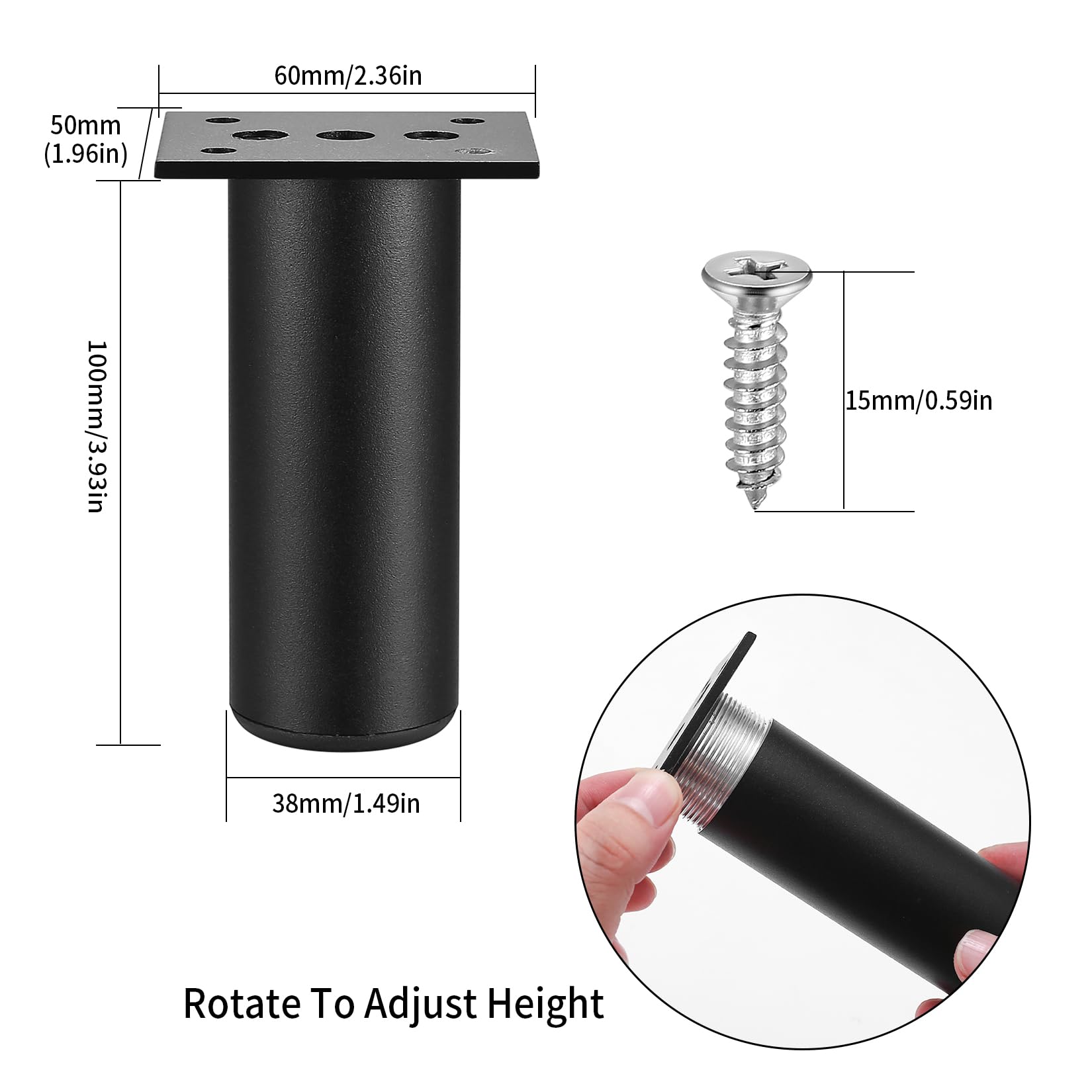 SZSIQI 4 Pcs Adjustable Legs for Furniture Legs 4"/10cm Black Cabinet 0-20mm Adjustable Feet for Furniture Sofa Table for Cupboard Dresser Bed Chair Cabinet Breakfast Bar Feet - Image 2