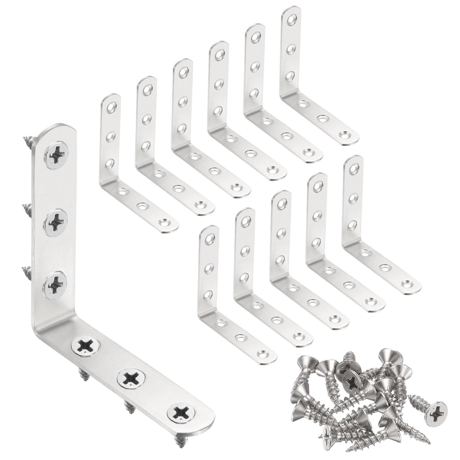 sourcing map 12pcs L-Shaped Corner Bracket 3.3" x 3.3" x 0.8" Stainless Steel 90 Degree Angle Brace Joint Right Corner Fastener with 72 Screws for Shelves Cabinet Chair Drawer, Silver
