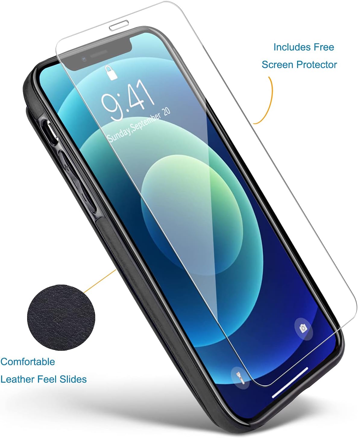 JOYAKI Wallet Case Compatible with iPhone 12 Pro/12,Slim Protective case with Card Holder,Premium PU Leather Kickstand Card Slots Case with a Screen Protective Glass for iPhone 12pro/12(6.1") -Black