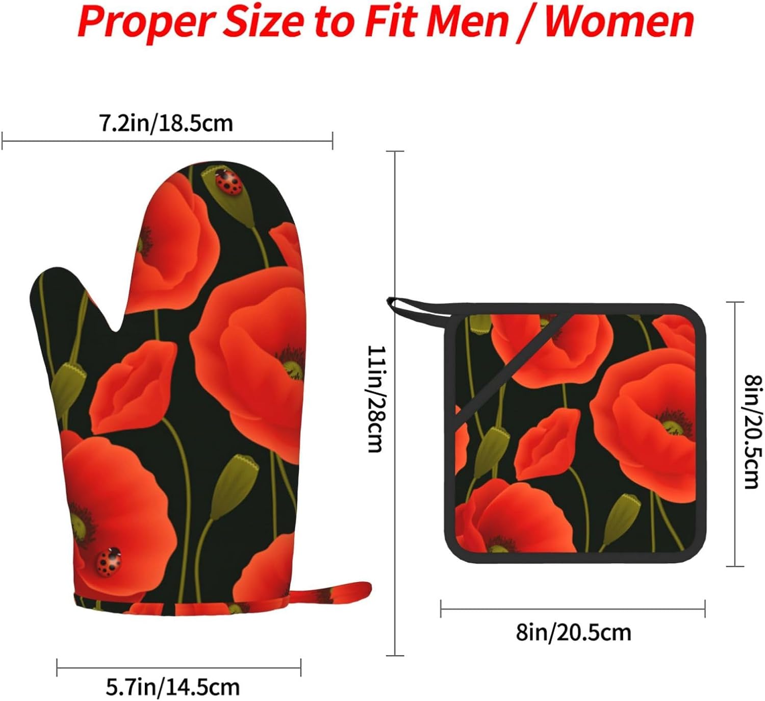 Poppy Flowers Oven Mitts and Pot Holders Set of 4 Heat Resistant Kitchen Gloves with Silicone Palm Hot Pads for Baking Cooking Grilling BBQ