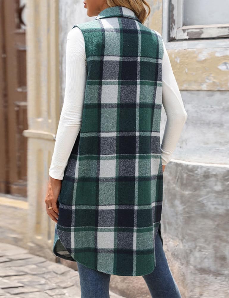 Mywinway Long Plaid Vest for Women Fall Winter Sleeveless Blazer Jackets Outerwear Trendy Tops